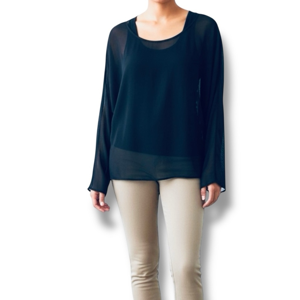 Koshka Mashka Paris Navy Silk Sheer Long Sleeve Blouse sz 40 FR M/L US